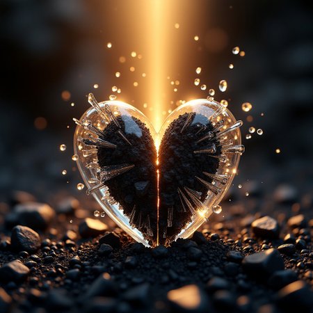 Shattered glass heart, bisected along its central axis, with dark core exposed, fills frame from top to bottom. Soft, golden light pours down, bathing scene in warm glow, while surrounding black lava and ash create depth and mystery. Meticulous details of each shard and texture rendered in high definition, drawing viewer's eye to the heart's intricate destruction.