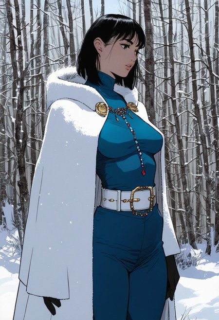 score_9, score_8, score_7, score_6, rating_explicit,
Source_anime, hentai manga, panels, 1women, dyed hairz witch, pale, dark eyes, cute face, open lips, breast curtain, cloak, silver belt, halter top, gloves, tassels, embroidery, tight pants, side boob, blue colours, medium breasts, forest landscape, winter, snow, dramatic rim lighting
