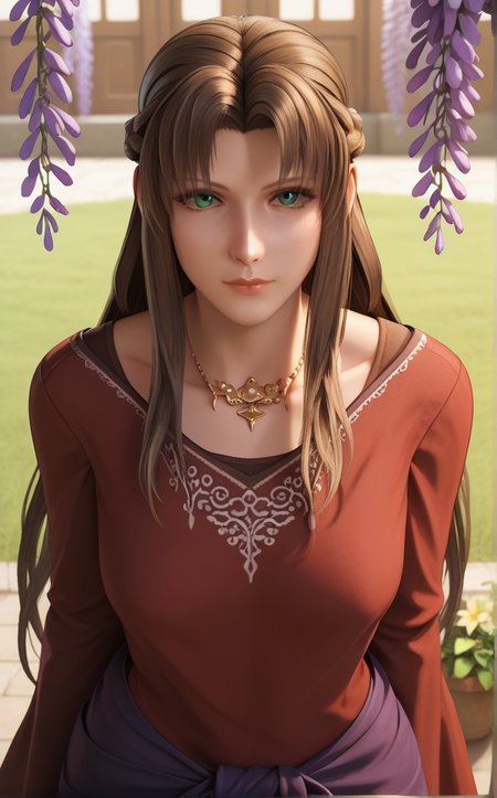 score_9, score_8_up, score_7_up, leaning forward, arms behind back, cowboy shot, garden, wisteria, outdoors, depth of field, solo, looking at viewer,   <lora:PONYXL_FinalFantasy_Ifalna_MotherOfAerith_ownwaifu:1>, BREAK MainOutfit_Ifalna_ownwaifu, 1girl, brown hair, french braid, green eyes, long hair, sidelocks, necklace, jewelry, half updo, long sleeves, lips, red dress, parted bangs, long dress, clothes around waist, collarbone, medium breasts, sleeves past wrists, breasts, sleeves past fingers, large breasts, nose, wide sleeves,<lora:Expressive_H:0.15> <lora:add-detail-xl:0.15>,  <lora:43stl1ght1ngXLP2:0.2>, 43stl1ght1ng, dramatic lighting,