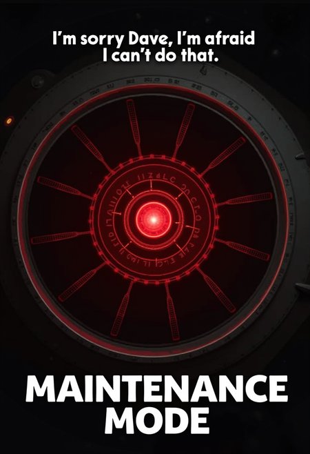 a tag line text at the top center: "I'm sorry Dave  I'm afraid  I can't do that",   detailed picture of the red camera of the HAL 9000 computer from the movie space odyssey,   in big white letter below "MAINTENANCE MODE"