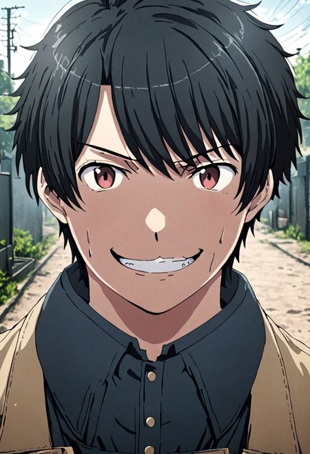 high resolution, solo, best quality, 1Boy, Inaho Kaizuka, Black Hair, portrait, looking at viewer, angry, smile, outdoor, OverallDetail