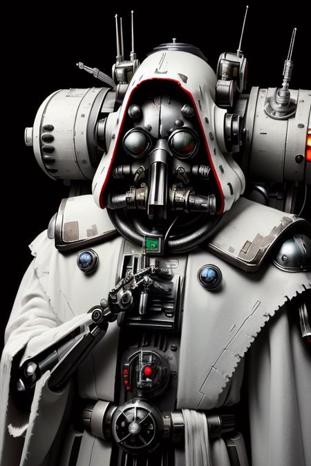 ((masterpiece,best quality)), absurdres, mechanical arms, robes, hood, ((techpriest)), cyborg, mechanical face, (TheEmpireStyle, white) mechanical limbs, gas mask, black robe, 1other, solo, ((Warhammer 40000))