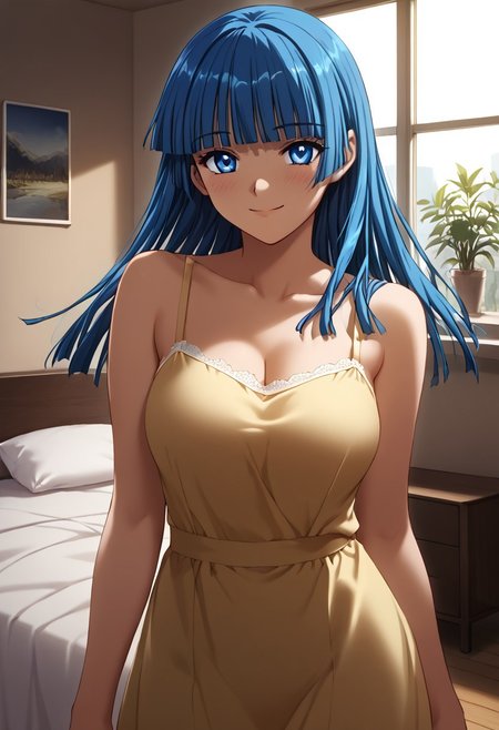 score_9,score_8_up,score_7_up,source_anime,5_figner,2d_animation,game cg,BREKE,1girl,solo,
Yubiki Shitone,
blue eyes,blue hair,long hair,bangs,
yellow camisole,
large breasts,front view,cowboy shot,smile,blush,
room,bed,window,curtain,standing,
masterpiece,best qualit,ultra-detailed,illustration,an extremely delicate and beautiful,beautiful detailed eyes,unity 8k wallpaper,high resolution,anime CG,official_art,