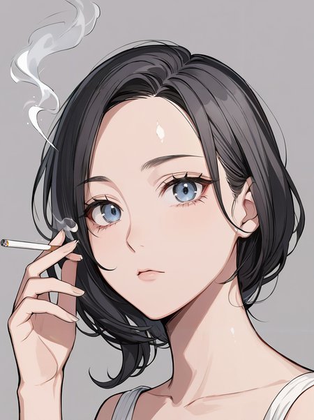 masterpiece,ultra-detailed,best quality,8K,illustration,cute face,clean skin ,shiny hair,girl,ultra-detailed-eyes,simple background, <lora:add-detail-xl:1> <lora:smoking_XL_V1.0:1> smoking, holding cigarette, smoke