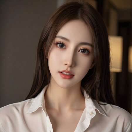 llz,a close up of a woman with long hair wearing a shirt,seductive_smile,