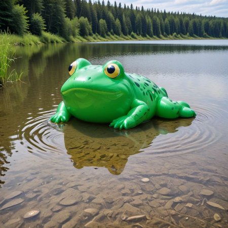 an inflatable frog, lake