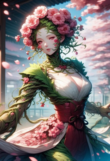 score_9, score_8_up, score_7_up, A flower humanoid, cherry blossoms sprouting from her body and face, long vine dress, pink petals plant girl, solo, wooden limbs, elegant walk in an open meadow,
dynamic pose, bokeh,
<lora:Tippie_Taps_Flower_Humanoid_Pony_r1:0.8> <lora:BioPunky:0.7>