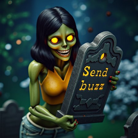 a simsstyle picture, isometric view, low poly, zkeleton
A cute female zombie sim holding up a tombstone.
Engraved in golden glowing letters. 
"Send buzz"