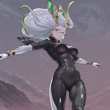 safe_pos, safe_pos, score_9, score_8_up, score_7_up, anime, sreencap, 1girl, solo, action pose, dynamical background, sky, detailed background, moon, hires, sharp, dragalia lost, close-up, looking at viewer, 

BREAK
Ariel Dragalia, white hair, big hair, horns, ahoge, glasses, bodysuit, earrings, jewelry, black bodysuit, white elbow gloves, cleavage cutout, amulet,