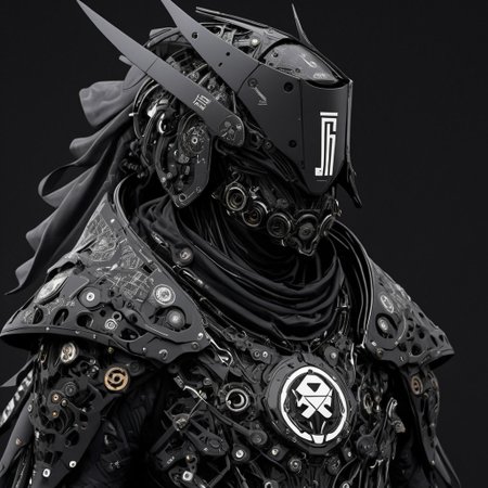 Digital illustration of a futuristic, armored humanoid figure. The subject is dressed in a highly detailed, dark, and bulky exosuit with intricate mechanical components and white accents. The suit features various textures and layers, including a cloak-like garment with angular, geometric shapes. The figure's head is adorned with a helmet that has two antenna-like protrusions and a visor, giving it a robotic appearance. The suit has several logos and text in white, including a prominent circular emblem on the chest and arm. The overall design is sleek and modern, with a strong emphasis on technology and advanced materials.
