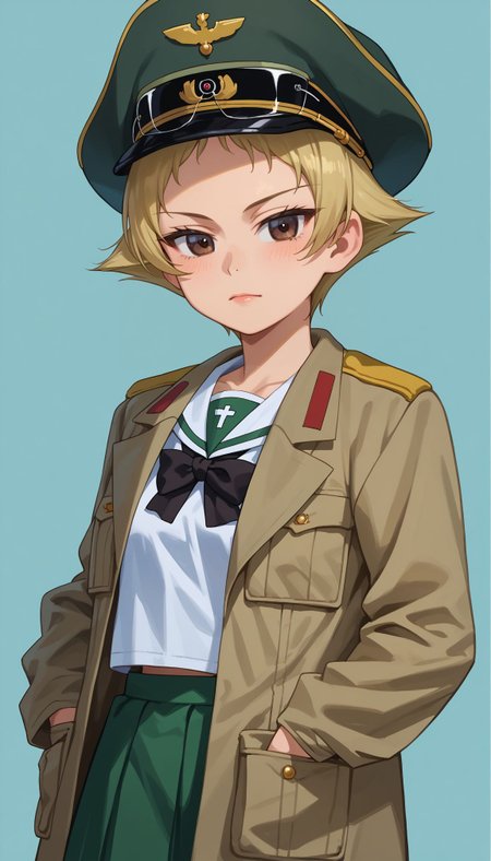 score_9, score_8_up, score_7_up, score_6_up, , solo, 20yo woman, (Beuty:1.1) , (cute:1.3), 
 <lora:GUPErwin:1> erwin (girls und panzer), 1girl, short hair, blonde hair, pointy hair, brown eyes, military hat, long sleeves, green headwear, military jacket, open clothes, open jacket, brown jacket, ooarai school uniform, miniskirt, white shirt, serafuku