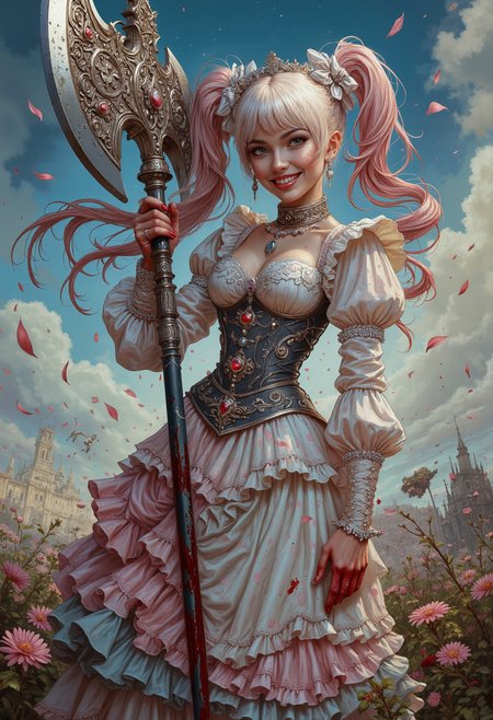 A highly detailed, photorealistic portrait of a woman blending whimsical cute fashion with fierce warrior aesthetics, now tinged with a macabre twist. She stands confidently, holding a beautifully ornate, oversized battle axe, its intricate engravings smeared with fresh blood that drips from the blade. Her pastel pinks, baby blues, and whites outfit, featuring a frilly cute-style dress with lace accents, a high collar, puffed sleeves, and a corset bodice adorned with delicate bows and miniature charms, is stained with crimson splatters. The dress's layered ruffled skirt shows streaks of dried blood along the hem,
Her hair, styled in long, flowing twin-tails tied with oversized bows, cascades in loose curls down her shoulders, the ends slightly matted with blood. She wears a dainty, jewel-encrusted tiara and a choker adorned with a heart-shaped gemstone now darkened with a splatter of crimson blood. Her expression is a mix of sweetness and unhinged ferocity, her wide eyes sparkling with both manic glee and raw determination, her lips twisted into a crazed, bloodthirsty grin.
The background is a vibrant, dreamlike fantasy battlefield turned grim with hints of destruction. The magical sky swirls with pastel hues, but darker tones creep through the colors. Floating petals and sparkles remain, now stained and drifting alongside faint embers, as faint silhouettes of distant battles hint at the chaos. The overall scene exudes high-quality artistry, seamlessly blending cute, fierce, and unsettling elements in a stunning display of dark fantasy and cute fashion  <lora:Comic book V2:0.6>   <lora:flux.1_lora_flyway_Epic-detail_v2:0.5>