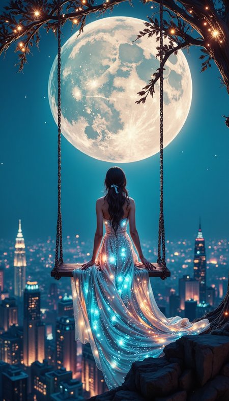 Bioluminescent,evangsurreal,surrealism,glitter, A young woman with long, dark hair sits pensively on a swing suspended from an enormous, luminescent moon.  Her flowing white dress cascades towards a metropolis blanketed in twilight, the cityscape miniaturized by the perspective. The woman is positioned centrally, her melancholic posture emphasized against the vibrant cerulean sky. Employ a high-angle shot to accentuate the vastness of the sky and the woman's diminutive size in comparison to the celestial body above. The lighting should transition from the soft, ethereal glow emanating from the moon to the warm, twinkling lights of the city below. The background should be a hyperrealistic blend of a detailed moonscape and a bustling cityscape.  Incorporate subtle celestial elements, such as shimmering stardust, woven into the fabric of her dress, further blurring the line between reality and dreamscape.