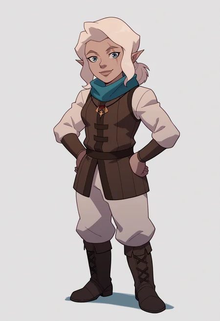 score_9, score_8_up, score_7_up, BREAK,
1girl, pike, white hair, ponytail, blue eyes, scar across eye,
pointy ears, gnome,
blue scarf,   necklace,
long sleeves, vest, white pants, sleeveless tunic, boots,
hands on hips, full body, standing, smile, solo, looking at viewer, simple background, white background    <lora:PikeTrickfootPDXL_byKonan:1>
