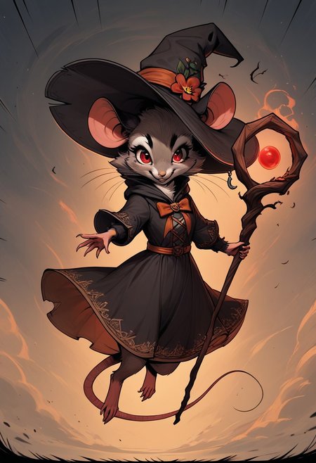 score_9, score_8_up, score_8, (solo), (fluffy:0.8), (feral), outdoors, furry, (((mouse))), female, glowing red eyes, grey fur, black ears, claws, (fluffy cheeks:0.4), witch hat, (black dress), (magical staff), (cute:0.3), in the style of beatrix potter, cel-shading, sky, backlit, levitating, flying, dark aura, arkane_dark, dramatic angle