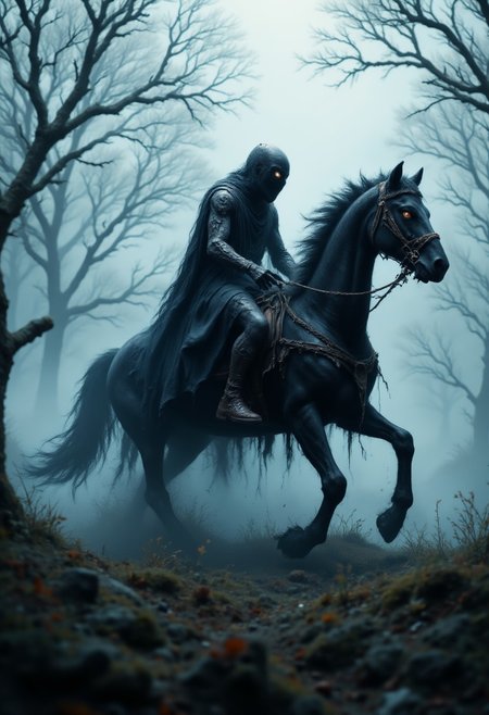 A ghostly knight riding a skeletal steed through a misty battlefield, his sword glowing with a haunting, otherworldly energy.
  , aidmaHalloweenBoost, aidmafluxpro1.1, aidmaimageupgrader, aidmaHyperrealism