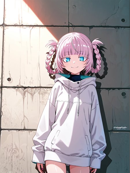 masterpiece, best quality,beautiful detailed supreme quality color intricate,a girl,teen,cowboy shot, Teslapunk, ("De Patre Vostro":1.3) , at Seraphic Port, spotlight, <lora:Nazuna_Pony:1> nanakusa_nazuna_ (yofukashi_no_uta) 99 1girl 99 solo 98 blunt bangs 74 blue eyes 73 braid 73 hair rings 73 looking at viewer 64 short hair 45 turtleneck 45 smile 43 pink hair 43 ringed eyes, surreal, deep aesthetic, best, ambient, epic composition
