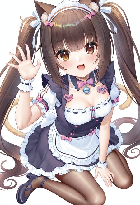 1girl, chocola \(nekopara\), nekopara, 
(fh moya:0.3), 
solo, pantyhose, cat tail, very awa hurunos \(meme\), black footwear, brown eyes, short sleeves, wrist cuffs, wariza, :d, frills, white collar, animal ear fluff, ribbon trim, puffy short sleeves, collarbone, blush, frilled apron, yellow bowtie, animal ear, bowtie, yellow bow, collar, bow, hand up, white apron, small breasts, sitting, simple background, twintails, looking at viewer, long hair, puffy sleeves, apron, tail, full body, cleavage, white background, breasts, black hair, smile, open mouth, brown pantyhose, meme, cat ears, pink bow,
masterpiece, best quality, newest, absurdres, highres
 <lora:moya1_noob1.1-000193:0.7>