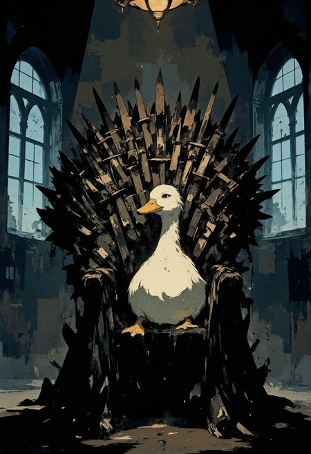 A majestic and dramatic scene featuring the iconic throne from Game of Thrones, crafted from countless swords, with a normal duck perched casually on the throne. 
The throne's intricate details are sharply defined, with the metallic swords gleaming under a soft, diffused light that casts subtle shadows across the room. The duck's neutral expression emphasize its everyday nature, creating a playful juxtaposition against the dark and imposing atmosphere of the throne.
The background is dimly lit, with faint rays of light filtering through high arched windows, creating a moody and cinematic ambiance. The art style is highly detailed and realistic, focusing on the textures of the duck's feathers and the cold, sharp edges of the throne. The scene conveys a sense of irony and humor while retaining the epic fantasy setting.
<lora:CPA:0.5> <lora:FLUX-daubrez-DB4RZ-v2:0.3> <lora:ck-shadow-circuit:0.35> in the style of cksc, <lora:Ethereal Brush Anime v2.0:0.3> <lora:It's a LoRA for portraits, BUT! actually specialized in backgrounds. v1.0:0.15> <lora:Dark_and_sentimental:0.8> <lora:dreadmirth-style-art:0.5> dreadmirthart