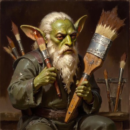 Dark-Fantasy-Cardd-V.2.0 style dark fantasy oil painting with detailed eyes that featuresa a green skined gremlin with long white beard, gremlin hold a big brush that is bigger then him, the brush is stained with paint, the gremlin is dressed in renaissance clothing resembling leonardo Da Vinci and an apron, also wears multiple pouches with smaller brushes and sculpting tools sticking out of them