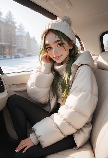 score_9, score_8_up, score_7_up, score_6_up, 1 gorgeous girl), beautiful face, cheerful expression, bubbly expression, happy expression, low ponytail, big smile, light green hair, innocent face, cute face, skinny, slim, micro waist, thin thighs, dark red eyes, messy hair, puffy winter jacket, black yoga pants, beanie, leggings, green hair,  eyebrows, forehead, freckles, beauty mark, mole, zoom in on face, depth of field, car interior, posing for photo, sidebangsv08, background winter street, warm lighting, cinematic shot, inside car, passenger seat, feet up, resting feet on dashboard, winter background, snow background, cold, extra_puffy_jacket