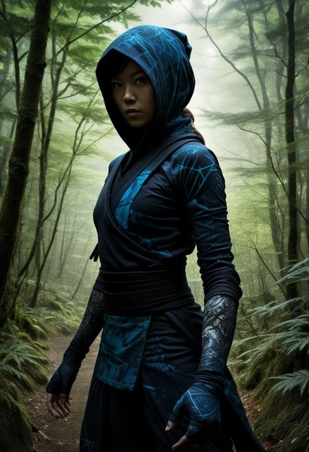 mysterious silhouette female ninja, rural japan, goddess, alluring, by Minjae Lee, Carne Griffiths, Emily Kell, Steve McCurry, Geoffroy Thoorens, Aaron Horkey, Jordan Grimmer, Greg Rutkowski, amazing depth, double exposure, surreal, geometric patterns, intricately detailed, bokeh,  perfect balanced, deep fine borders, artistic photorealism , smooth,  great masterwork by head of prompt engineering   <lora:add-detail-xl:2>  <lora:Double_Exposure:0.5>