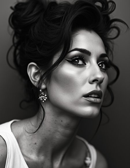 Amy Winehouse had a distinctive face characterized by her prominent cheekbones, large, expressive eyes, and a unique beehive hairstyle. Her bold eyeliner and often dramatic makeup accentuated her features, giving her a striking and unforgettable appearance.


