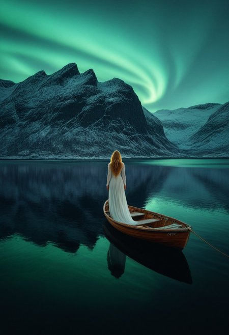 landscape, Norway, mountains, sea, fog, rain, 1 small wooden boat, jetty, outline of a sexy woman in a long white dress with complex golden details, long brown wavy hair. the woman stands on the boat. northern lights, 
Northern lights are reflected in the sea, vivid color, vivid background
high contrast, stylized, clear, surreal, ultra quality , 8k, best quality, masterpiece, textural, artistic, midjourneyv6.1, on the boat,