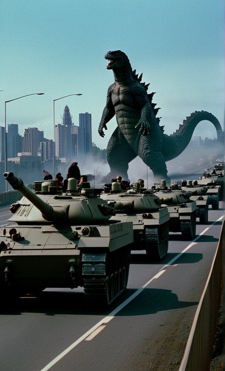 wide shot, cinematic film still, in the foreground  highway road of (army tanks), ((Godzilla <lora:Godzilla_1954:1>)) in the background city horizon <lora:perfection style SD1.5:,5> <lora:perfection style:1> <lora:Photo 2 Style SDXL_LoRA_Pony Diffusion V6 XL:1>