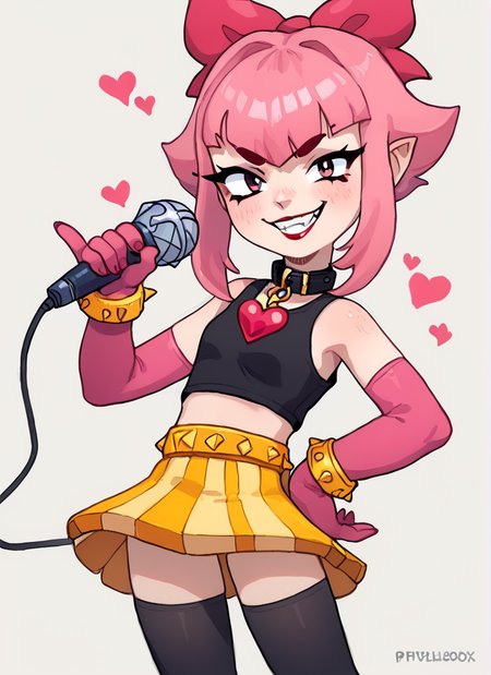 score_9, score_8_up, score_7_up,  <lora:bsmelodie:1>  bsmelodie  , 1girl, solo ,  pink hair,  hair bow  ,black collar ,neck heart  ,black shirt, crop top,  bare shoulders, elbow gloves, pink gloves, yellow bracelet , yellow skirt  , black thighhighs  , posmach  ,evil smile,  , looking at viewer, Holding microphone <lora:PossumMachine:1>