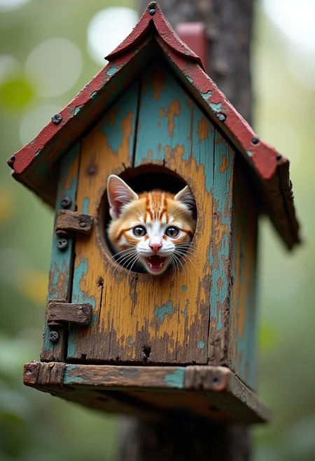 surrealism, fantasy, view from the bottom up 3d, from the birdhouse outside sticking out a cheeky cute smiling kitten face, humor,  intricate details, hyper-realistic, hyper-detailed, kodak professional photoshoot, colorful, ultra-sharp, vivid color
