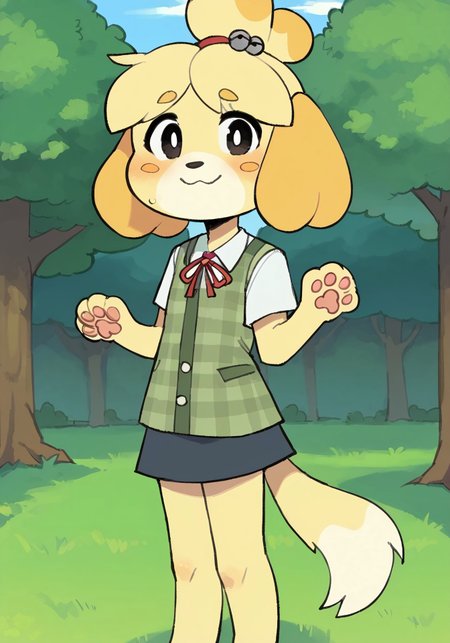 score_9, score_8_up, score_7_up,
1girl, flat chest, isabelle \(animal crossing\), furry,  anthro female, 1girl, hair bell, jingle bell, hair ornament, hair tie, paws, furry female, dog girl, dog paws, animal nose, topknot, body fur, outdoors, average height, flat colors, smile, looking at viewer, skinny legs,  tmchng, flat colors, short girl, , viewed from the front, embarrassed, wavy mouth, solo, skirt, plaid shirt