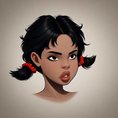 medium-length black hair, black eyes, full lips, tan skin, twin pigtails, red scrunchie