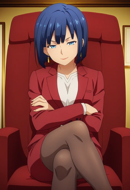1girl,solo,mm,mature female,short hair,blue hair,blue eyes,earrings,anime coloring,
formal,red suit,pencil skirt,pantyhose,sitting,crossed arms, crossed legs, on chair,indoors,looking at viewer, smile
,masterpiece,best quality,amazing quality,<lora:Akino_Yuugiri-Engage_Kiss:0.8>