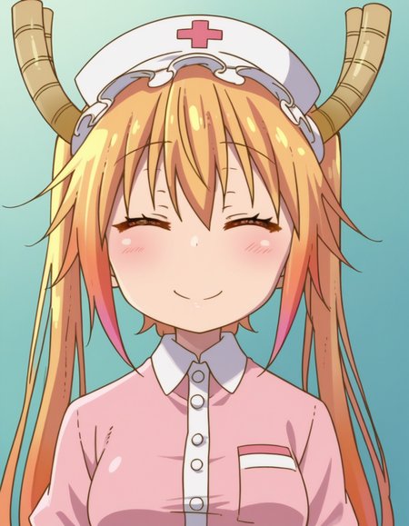 zPDXL, score_9, score_8_up, score_7_up, source_anime, (portrait),  <lora:KobayashiDragonPack:1> drgmd, 1girl, solo,
tohru \(maidragon\), blonde hair, two-tone hair, orange hair, horns, red eyes, orange eyes, medium breasts , nurse, nurse-outfit, pink-dress, (white-pantyhose), pink-shoes, nurse-cap, (closed eyes:1.2), smile, cheek-to-cheek,
