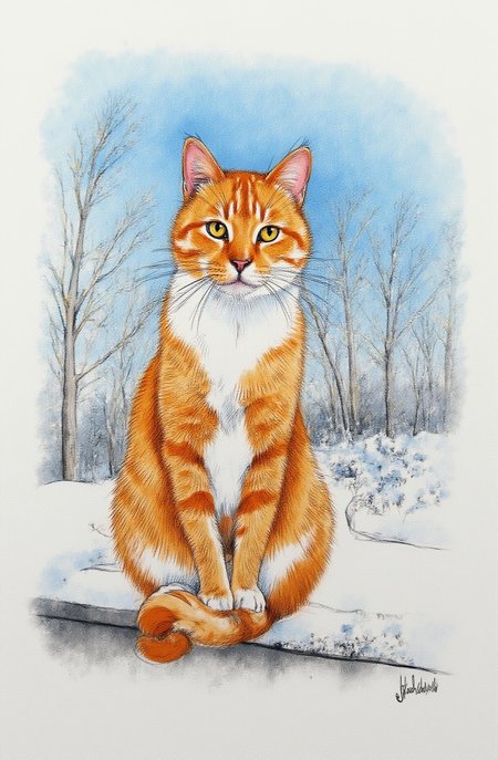Sharp image of a rough sketch, rendered in vibrant multi colour ballpoint pen, capturing the adorable features of an orange and white cat sitting on a concrete bench in the snow. The cat is facing the camera and is looking directly at the camera with a curious expression. Its fur is a mix of orange, white and brown, and its eyes are a piercing yellow. The background is blurred, but it appears to be a snowy landscape with bare branches and snow on the ground. The sky is blue and the overall mood of the image is peaceful and serene.  p3nsk, <lora:p3nsk:1>