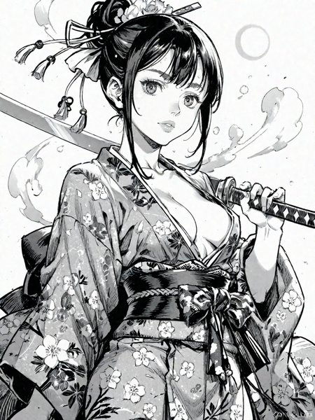 1girl black_eyes black_hair blue_kimono breasts drawing_sword gleam holding holding_sword holding_weapon jacket japanese_clothes katana kimono open_clothes open_kimono red_jacket small_breasts sword weapon white_background
, <lora:Berserk:0.8>, score_9, score_8_up, score_7_up, zPDXL3, monochrome, greyscale
