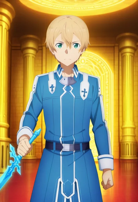 masterpiece, best quality, , anime screencap, anime coloring, official style, , 1boy, solo, male focus, <lora:eugeo_sao_ilxl:0.98>, eugeo_sao, blonde hair, green eyes, bangs, hair between eyes, short hair, holding sword, magic tower, spell chambers, potion labs, research rooms, experimenting pose, analytical expression, magical lighting,