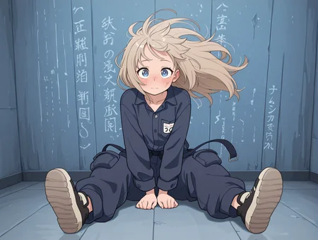 masterpiece,best quality,amazing quality,absurdres, (solo:1.4), portrait, 
     wind, fluttering hair, fluttering clothes,    flat colors,  high contrast,  
1girl, full face blushing,    navy blue eyes,  light Brown hair,                          
pulsating veins, metallic textures, alien glyphs on walls, abstract, surreal, 
sitting with legs extended forward, soles facing viewer, frontal view,
buttoned jumpsuit, long sleeves, chest patch, matching pants, utility pockets, loose fit, institutional attire, numbered tag, simple footwear, standardized uniform, prisoner outfit,  
<lora:feet_anime_il_v3:1> <lora:Perfect Hands:1> <lora:Crestyle_Illu:0.4> Crestyle <lora:anime_screencap-IllustriousV2:0.6>  <lora:Kizustyle_rank16_bf16:0.3> Kizustyle <lora:ThePinkPirate:0.3> The pink pirate,  <lora:flat_color_anime_xl:0.8> fca style <lora:Chon_style:0.3> <lora:re4lity:0.3> re4lity_sync_illu