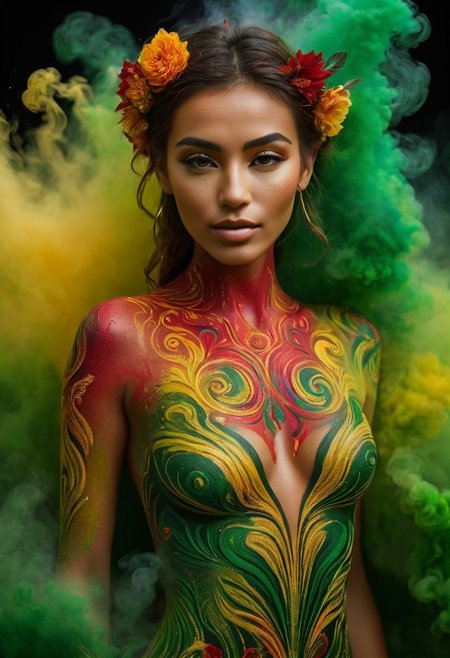 A stunning close-up of a woman entirely painted in vivid green and adorned with floral designs, surrounded by colorful red and yellow smoke. The intricate body paint and swirling smoke create a surreal and powerful image, symbolizing the strength of women and their bond with nature. The background features abstract, vibrant patterns that add to the sense of wonder and connection to the natural world. Photorealistic quality, taken with a Sony Alpha 7R IV, FE 90mm f/2.8 Macro G OSS lens.