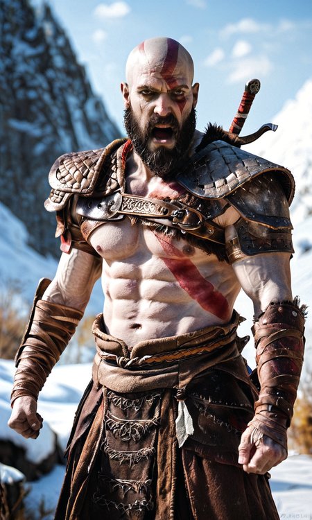 score_9, score_8_up, score_7_up, BREAK, zy_kratos, 1boy, facial hair, beard, bald, scar, manly, muscular, tattoo, abs, shoulder armor, weapon, portrait, realistic, yelling, angry, strong, photo, real hair, detailed skin, mountain, snow, highly detailed, detailed skin, depth of field, film grain, <lora:zy_Kratos_PonyRealism_v1:0.75>