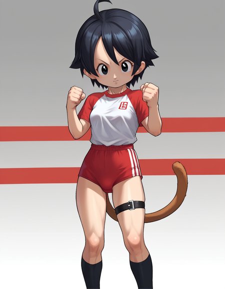 zPDXL, score_9, score_8_up, score_7_up, score_6_up, score_5_up, score_4_up, 1girl, solo,
<lora:Daikin_v1-18:1> dkn, gym uniform, thigh strap, kneehighs, black kneehighs, tail, <lora:shuto-uke:0.4> shuto uke fighting stance, fists, clenched hands,, <lora:Parsleah_v1:0.8>  parsleahbase, black hair, short hair, black eyes, (monkey tail), small breasts, brown tail,