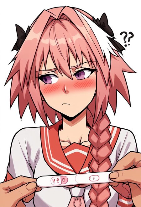 score_9, score_8_up, score_7_up,source_anime, 1boy, Astolfo, fate, blush, confused, pregnancy test, upper body, looking to the left, dk_astolfo