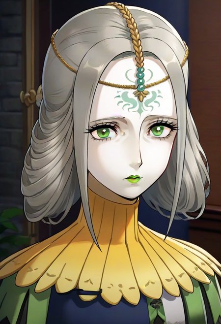 source_anime, 1girl, white skin, grey hair, forehead tattoo, green eyes, green lips, hair decoration, head chain, wrinckles, high yellow collar, medieval dress, white and green dress,<lora:Joanna_-_Metaphor_ReFantazio_-_Pony:1>