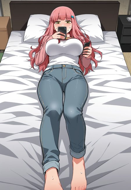 safe_pos, solmi, pink hair, long hair, yellow eyes, large breasts, barefoot, hairpin, sweat, hairpin, lying on the bed, looking at viewer, turtle neck, jean pants, 
long sleeve, grab mobile phone
