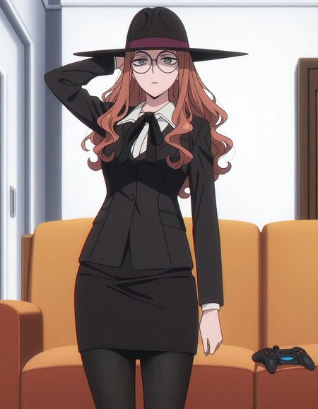 masterpiece, best quality, amazing quality,, <lora:sylvia-sherwood-anime-illustriousxl-lora-nochekaiser:1>, sylvia sherwood, long hair, brown hair, glasses, round eyewear, orange hair, grey eyes, wavy hair, mature female, breasts, anime screencap,, skirt, shirt, long sleeves, hat, ribbon, jacket, white shirt, pantyhose, collared shirt, black skirt, black jacket, black pantyhose, black headwear, black ribbon, neck ribbon, fishnets, pencil skirt, fishnet pantyhose, hand behind head, , living room, video game, controller, competitive, fun, afternoon, cowboy shot, solo, looking at viewer