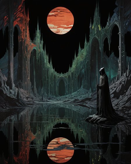 Guard, water, reflections, transparency, aspiring, vivid color, Mordor: A dark and evil land ruled by the dark lord Sauron, Harry Clarke,  volumetric lighting, <lora:add-detail-xl:1>, <lora:xl_more_art-full_v1:0.8>