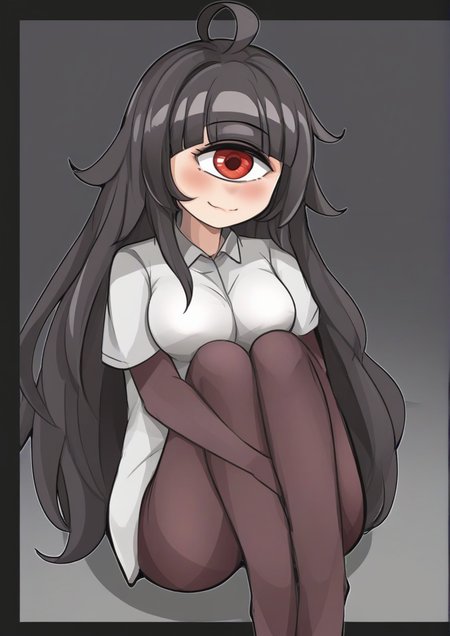 1girl, muku-chan (muroku), furry female, ahoge, black border, black hair, border, closed mouth, covered nipples, cyclops, grey shirt, hugging own legs, jitome, long hair, looking at viewer, one-eyed, one-hour drawing challenge, red eyes, shirt, sitting, solo, x_x, zPDXL3 <lora:Ingyeohan:1>