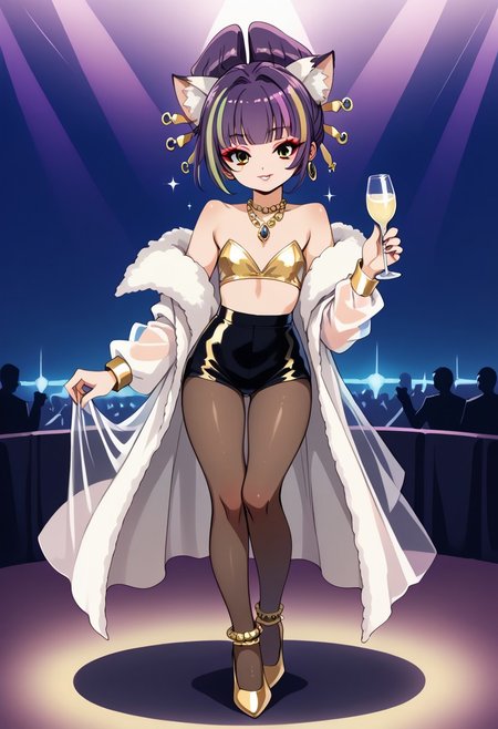score_9, score_8_up, score_7_up, source_anime, uncensored, best quality, ((masterpiece)), 4k, fcx, fyx, phc, yuh, oya, kib, absurdres, retro style, neon signasl, nightclub, fullbody, complete body in the image, holding a bottle of wine, small body, Futanari, thin legs, round tip, <lora:long_eyelash:0.3>, long eyelashes, ultra detailed eyes, beautiful eyes, bright eyes, faint lips, very large hoop earrings, nsfw, cute smile, gold bracelets, gold anklets, saturated colors, high contrast, sultry, (sexy), dancing, ((pantyhose)), pantyhoses, streaked hair, flat chest, gyaru gal, see-through PVC large jacket, makeup, long eyelashes, glossy lipstick, mascara, blush, eyeshadow, jewel necklace, rich girl, sparkles, (glittering pastel clothing, glossy sparkling fabric), sharp focus, high heels
(1girl, darudayu))