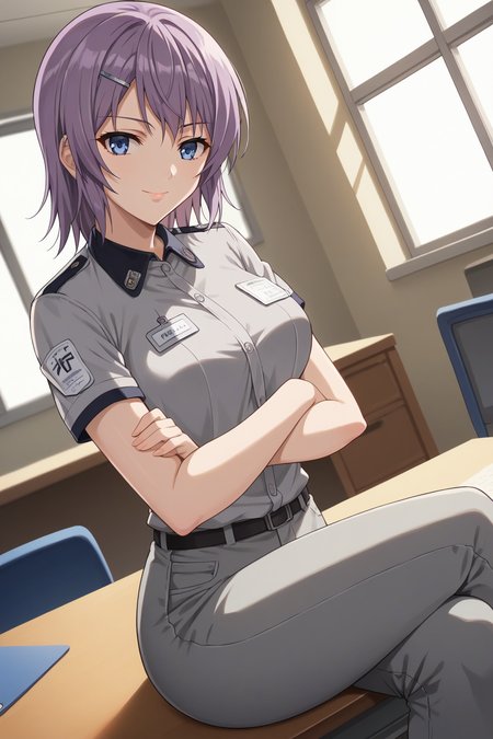 score_9, score_8_up, score_7_up, source_anime, 1girl, prefect lighting, very aesthetic, intricate details, highly detailed background, masterpiece, high quality, prefect hands, best quality, solo,
<lora:Anna_Ichinose_RanSem_V1:.85>, KJOanna, purple hair, light blue eyes, medium hair, 
Grey uniform, name tag, grey pants, short sleeves, cowgirl position, dutch angle,
crossed arms, smirk, looking at viewer, sitting on desk,
office, desk, window,
(Beautiful, medium Breasts:1.2), natural breasts,